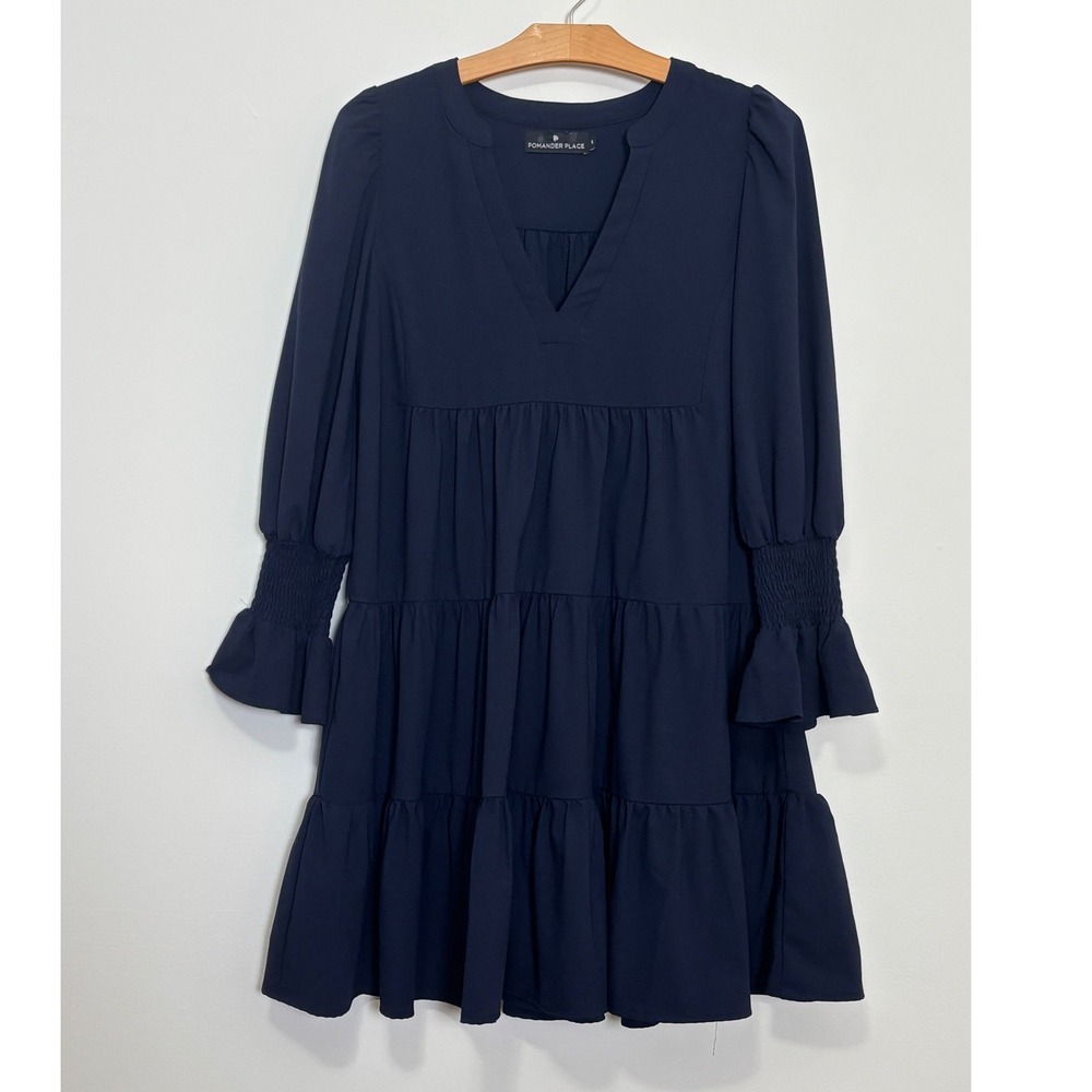 Tuckernuck Pomander Place Kenzo Tiered Mini Dress Size S Navy Blue Crepe Smocked